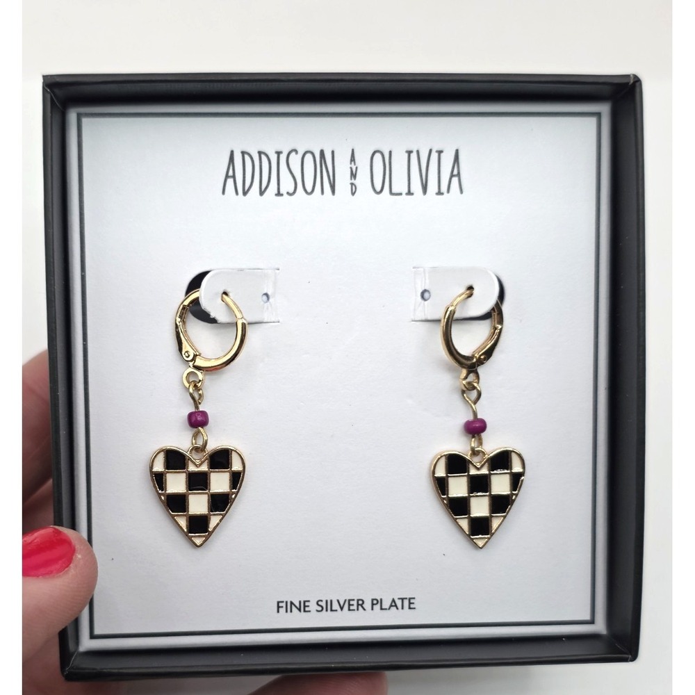Addison and Olivia Checkered Black White Heart Huggie Earrings Gold Tone NEW